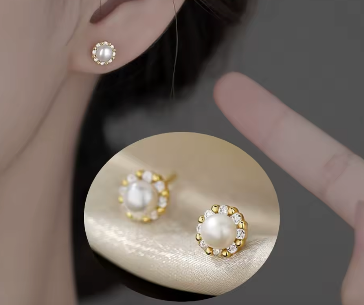 Gold Pearl & Zircon Stud Earrings