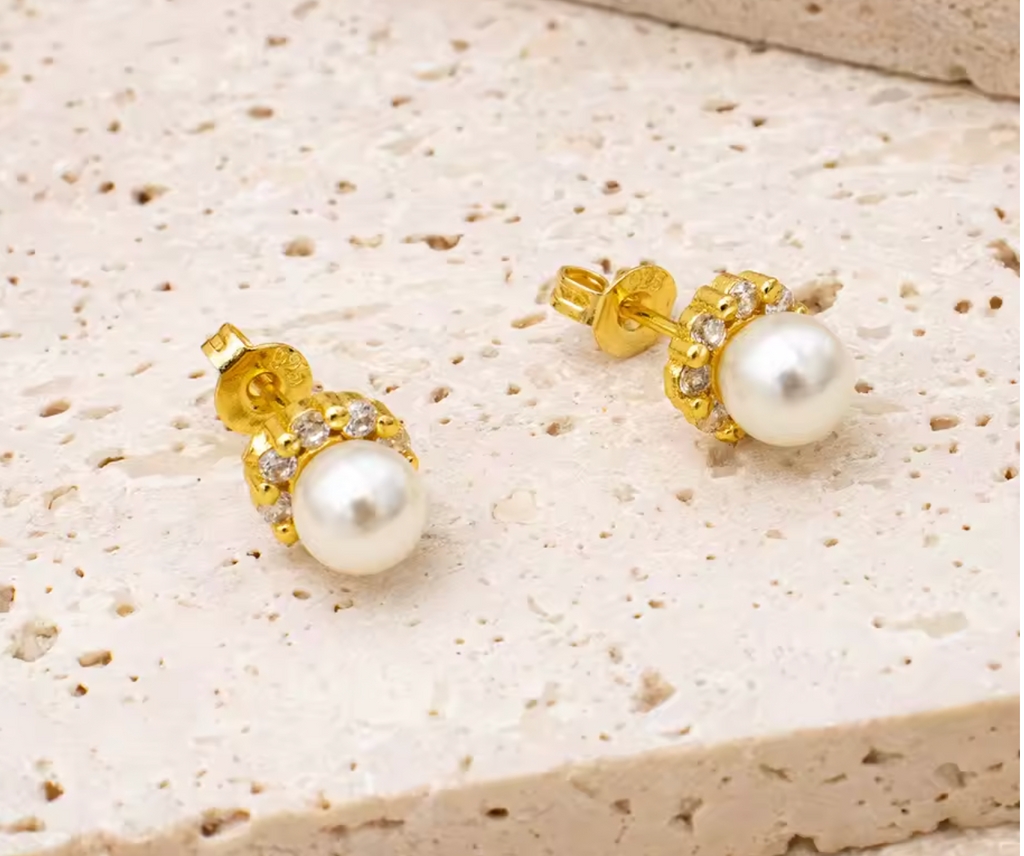 Gold Pearl & Zircon Stud Earrings