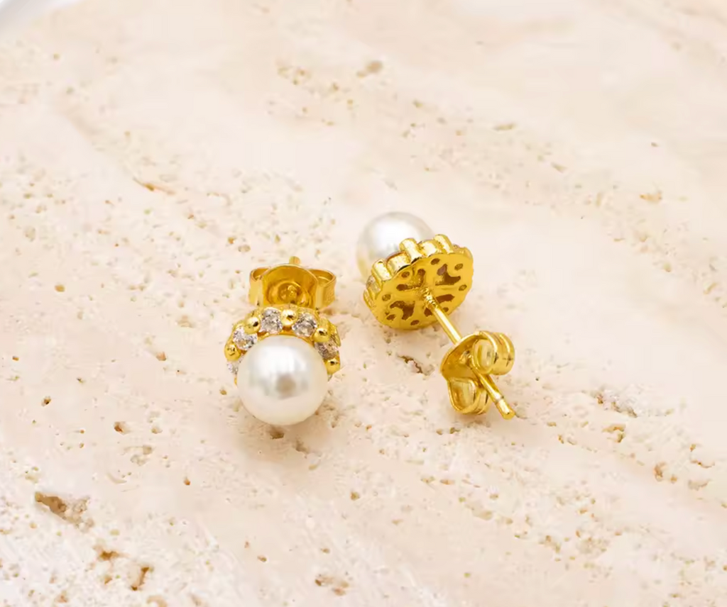 Gold Pearl & Zircon Stud Earrings