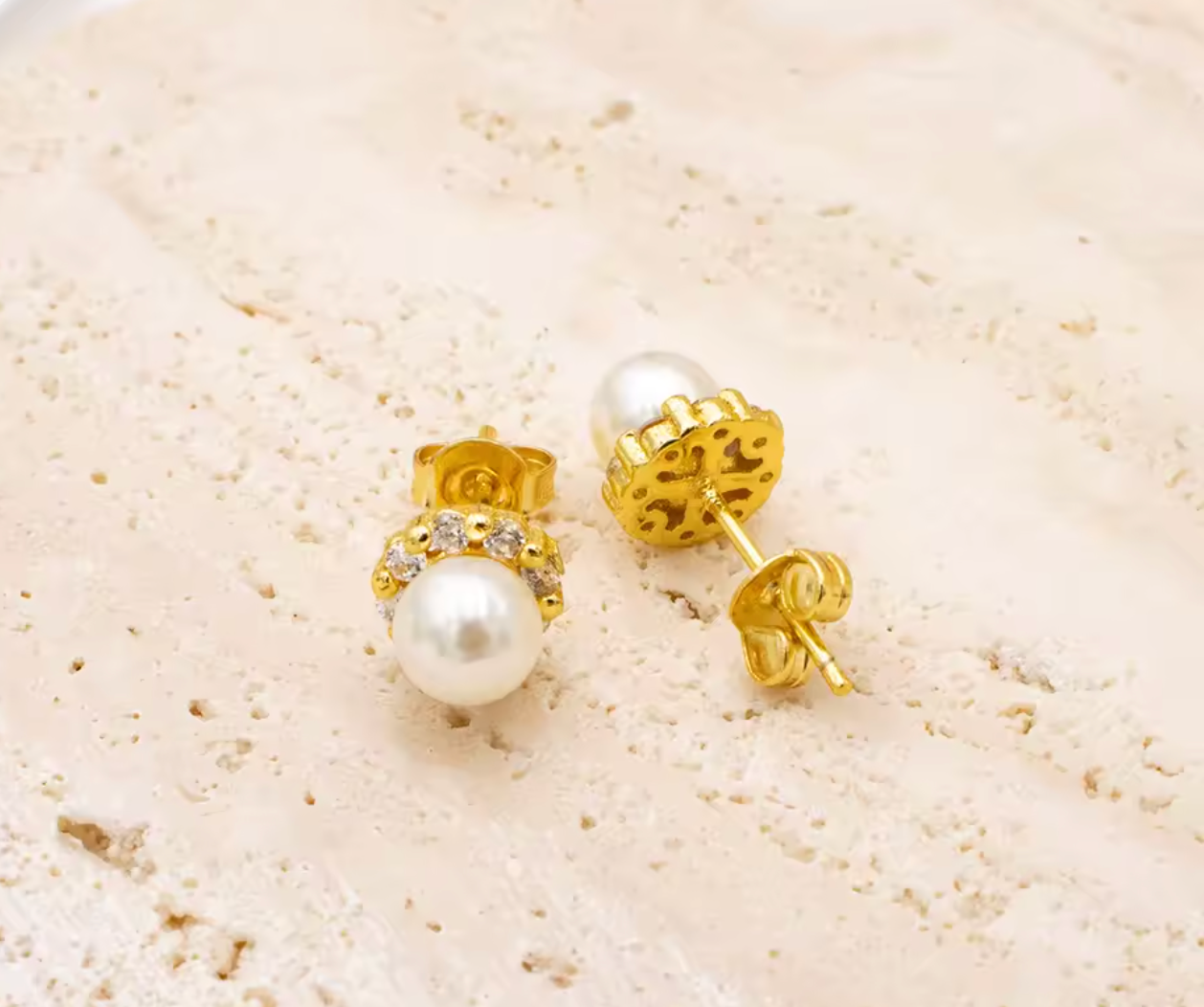 Gold Pearl & Zircon Stud Earrings