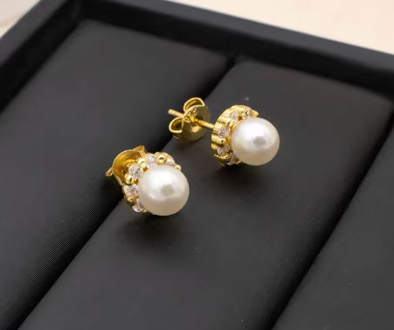 Gold Pearl & Zircon Stud Earrings