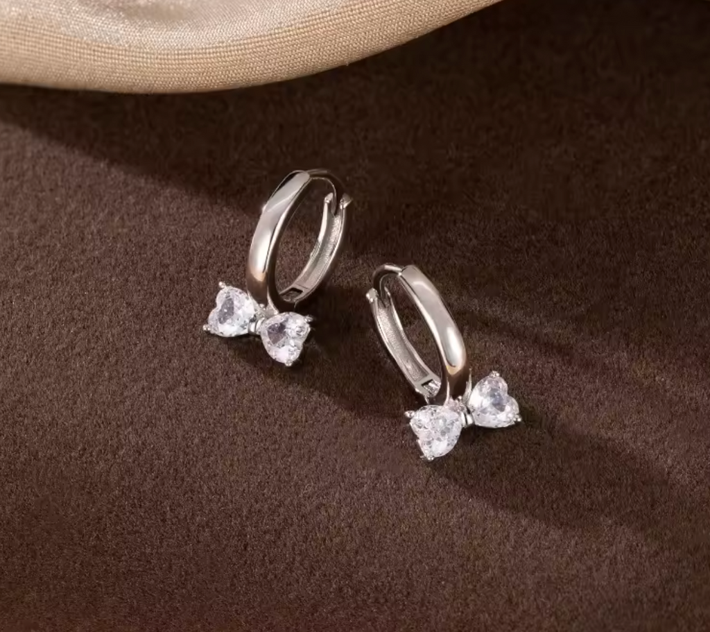 Sterling Silver CZ Bow Huggie Hoop Earrings